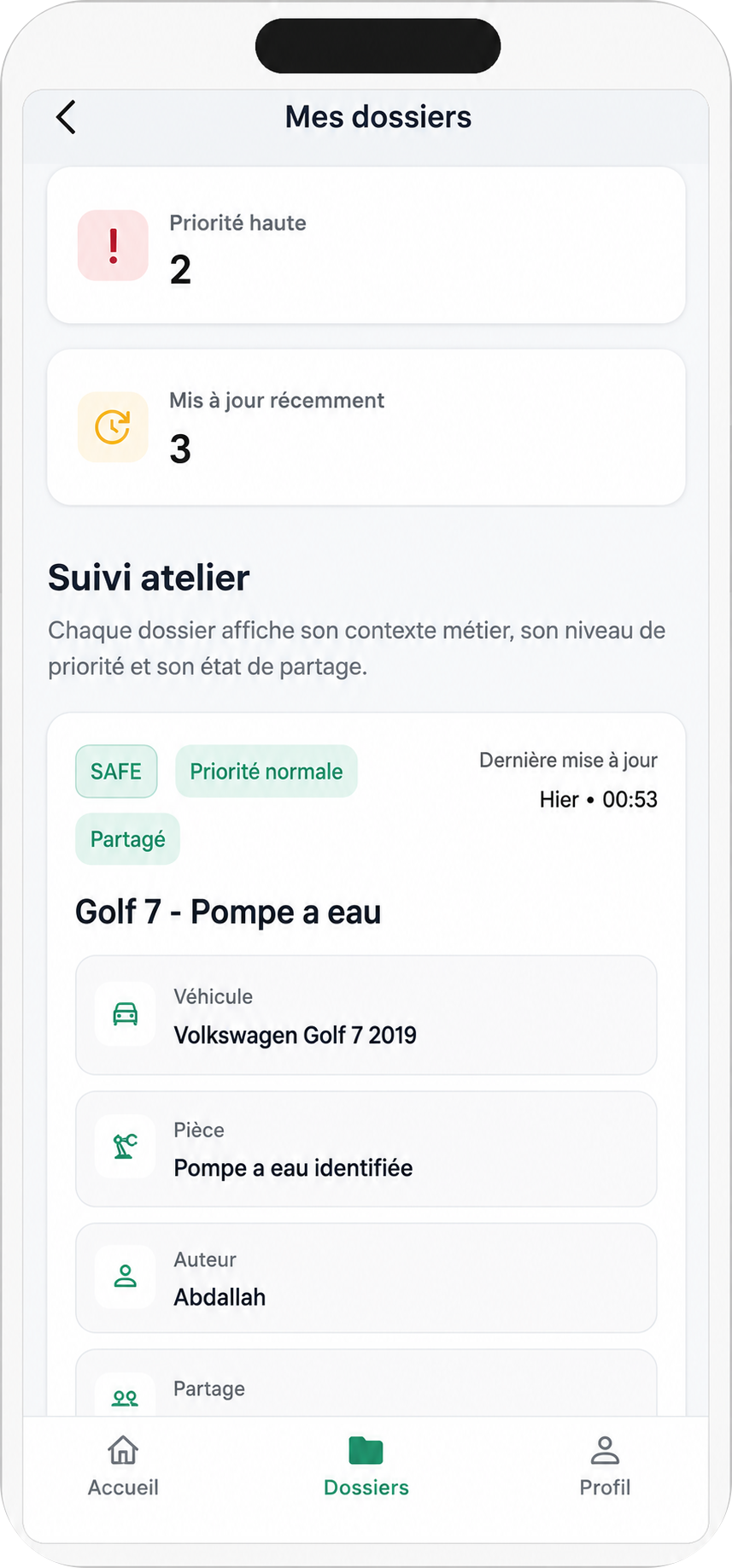 Écran Lawôl de suivi atelier : dossier SAFE Golf 7 partagé avec l’équipe