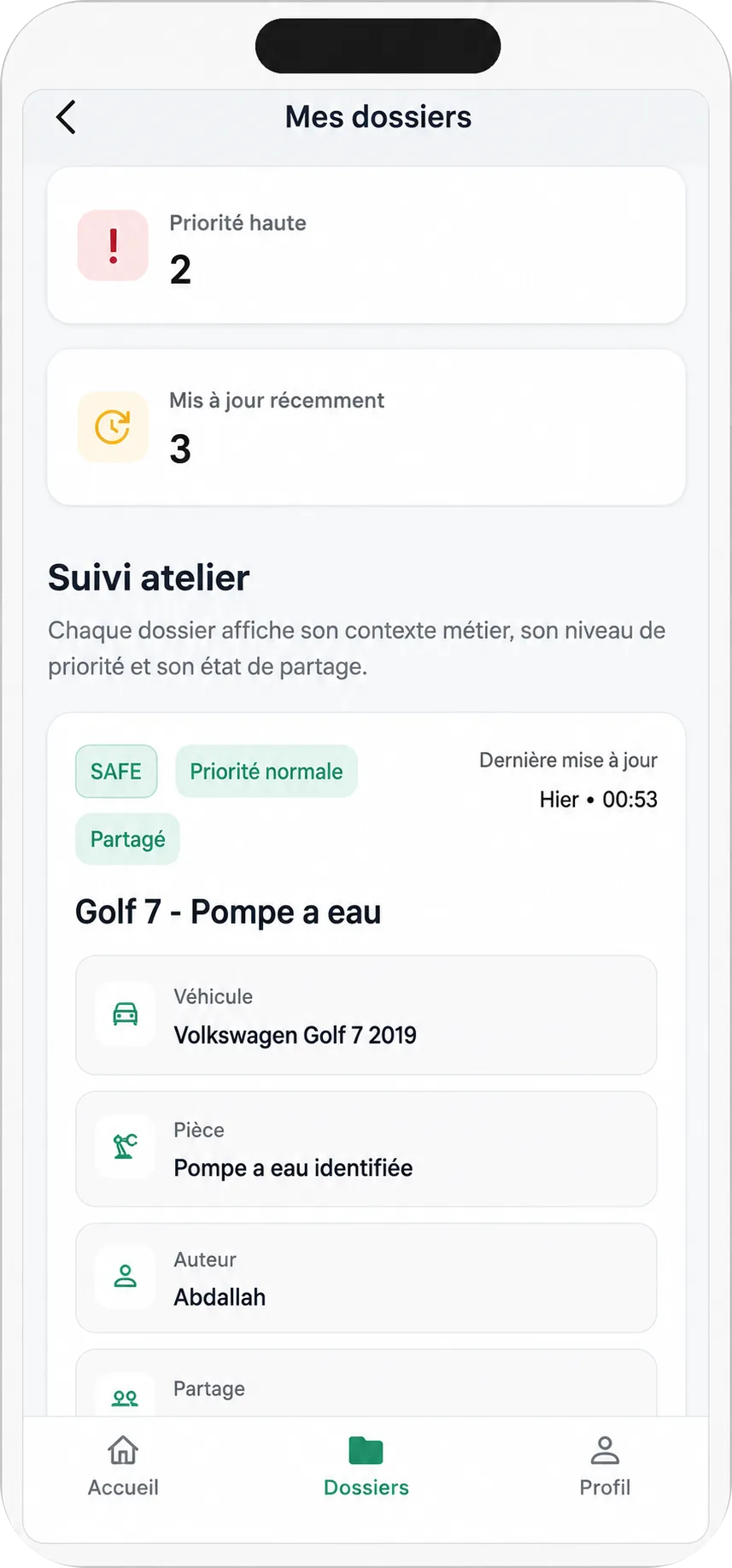 Écran Lawôl de suivi atelier : dossier SAFE Golf 7 partagé avec l’équipe