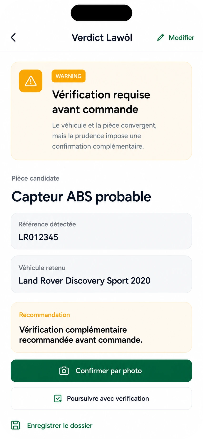 Verdict Lawôl WARNING : Capteur ABS probable, Land Rover Discovery Sport 2020, vérification requise avant commande
