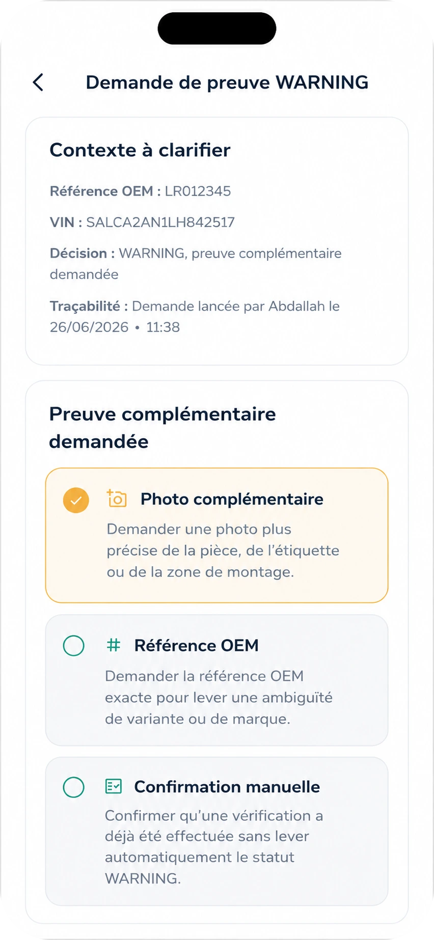 Demande de preuve WARNING : contexte à clarifier, preuve complémentaire demandée