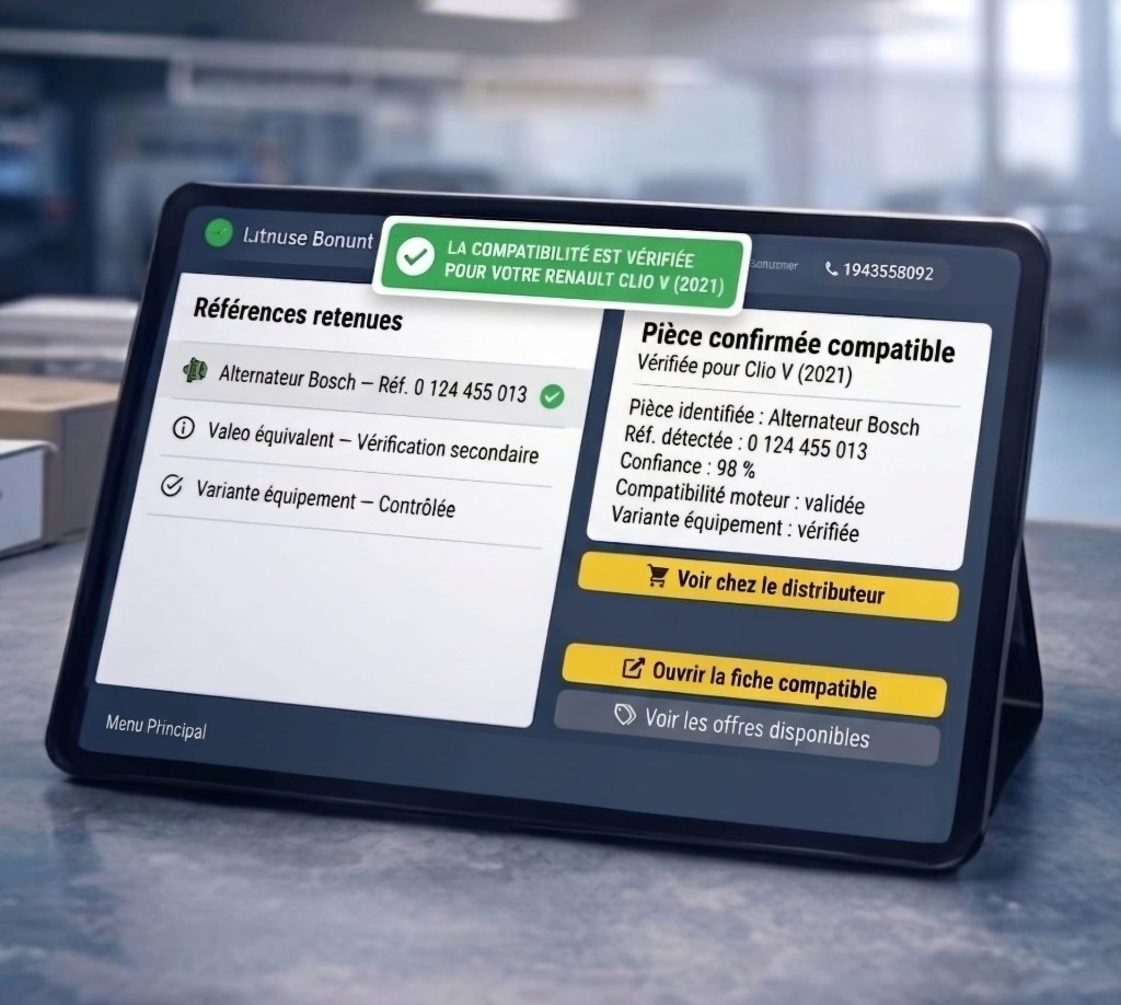 Tablette montrant une compatibilité validée et des actions d'achat.