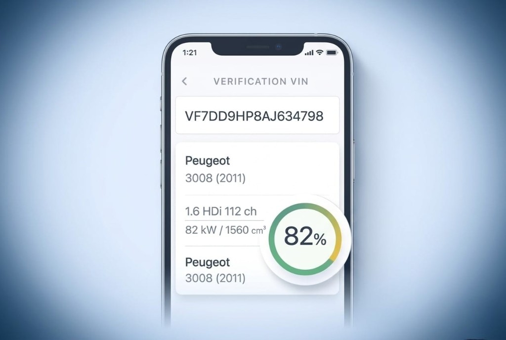 Écran de vérification VIN avec indicateur de contexte à 82%.