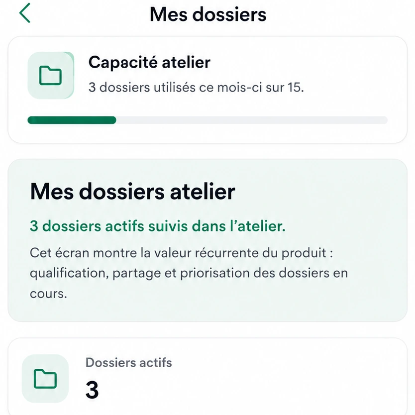 Écran Lawôl B2B des dossiers atelier : suivi des dossiers actifs et partagés