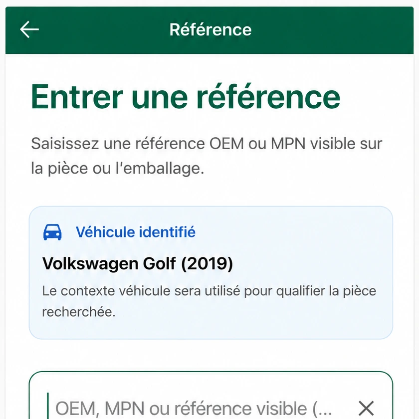 Écran Lawôl de saisie d'une référence avec véhicule identifié, côté particulier