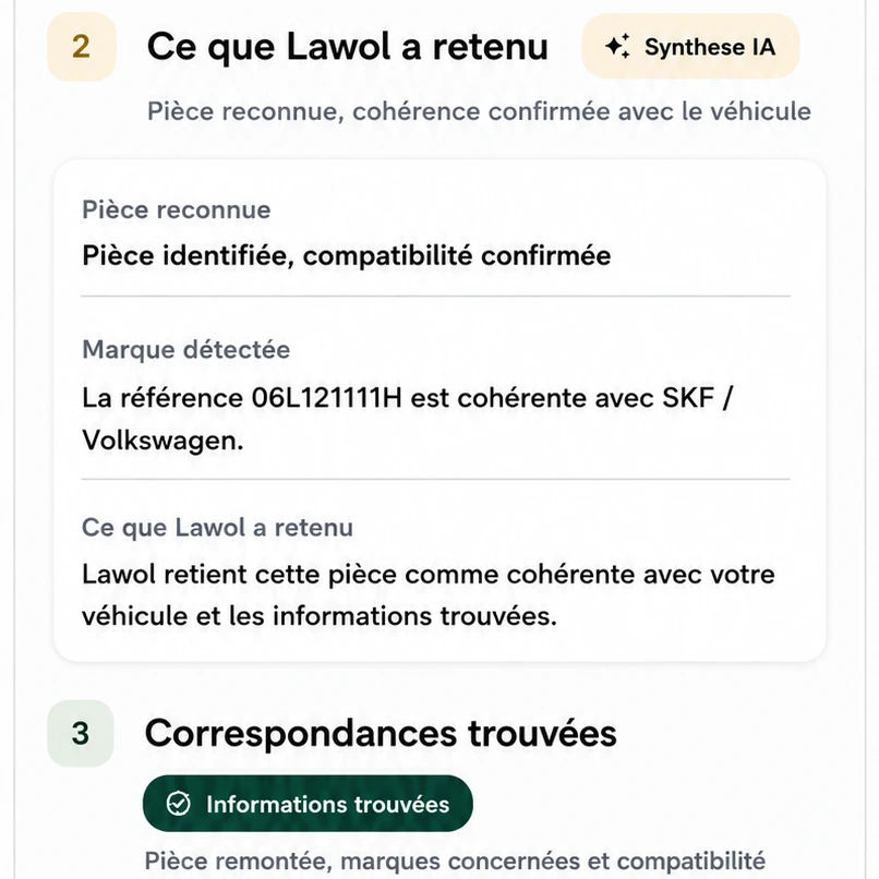 Écran Lawôl montrant la synthèse IA et les correspondances de références trouvées