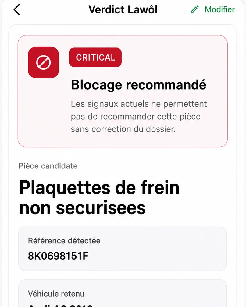 Écran Lawôl du verdict CRITICAL : blocage recommandé sans correction du dossier