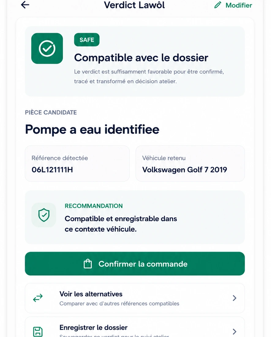 Écran Lawôl verdict SAFE avec « Enregistrer le dossier », pièce compatible et enregistrable