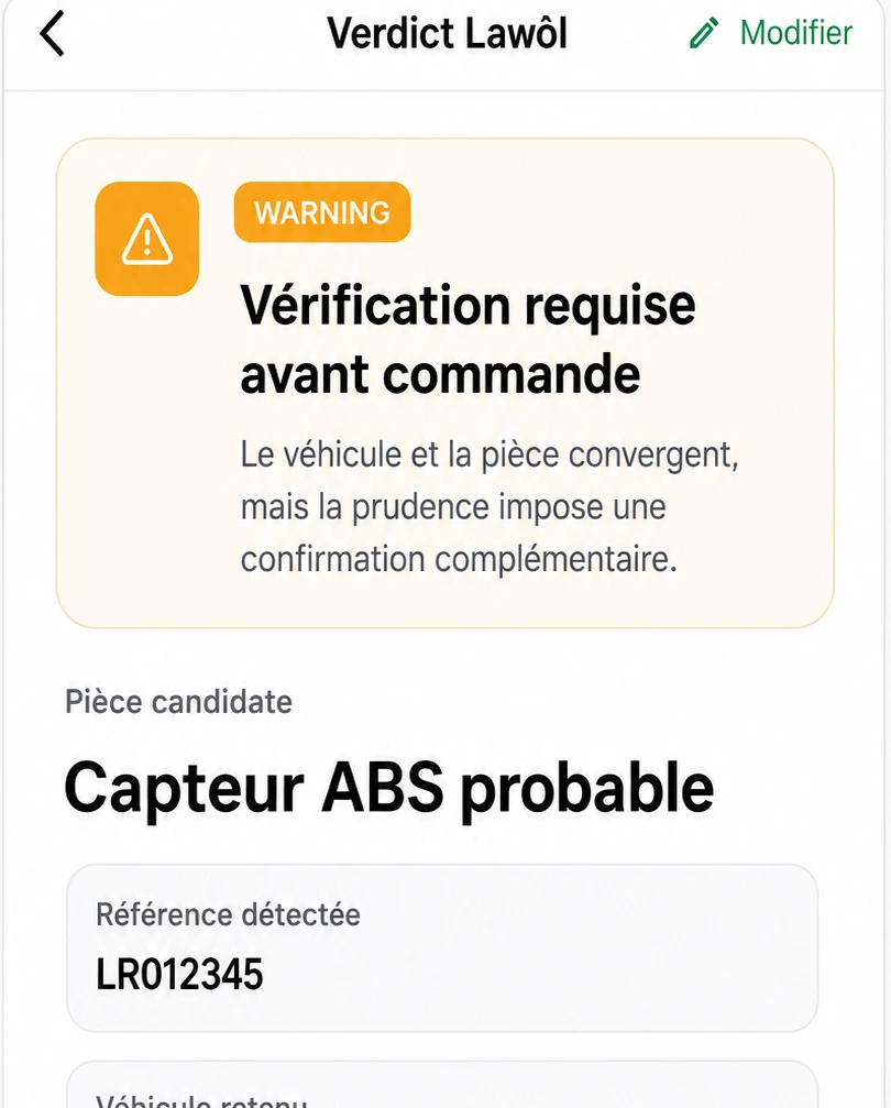 Écran Lawôl du verdict WARNING : vérification requise avant commande