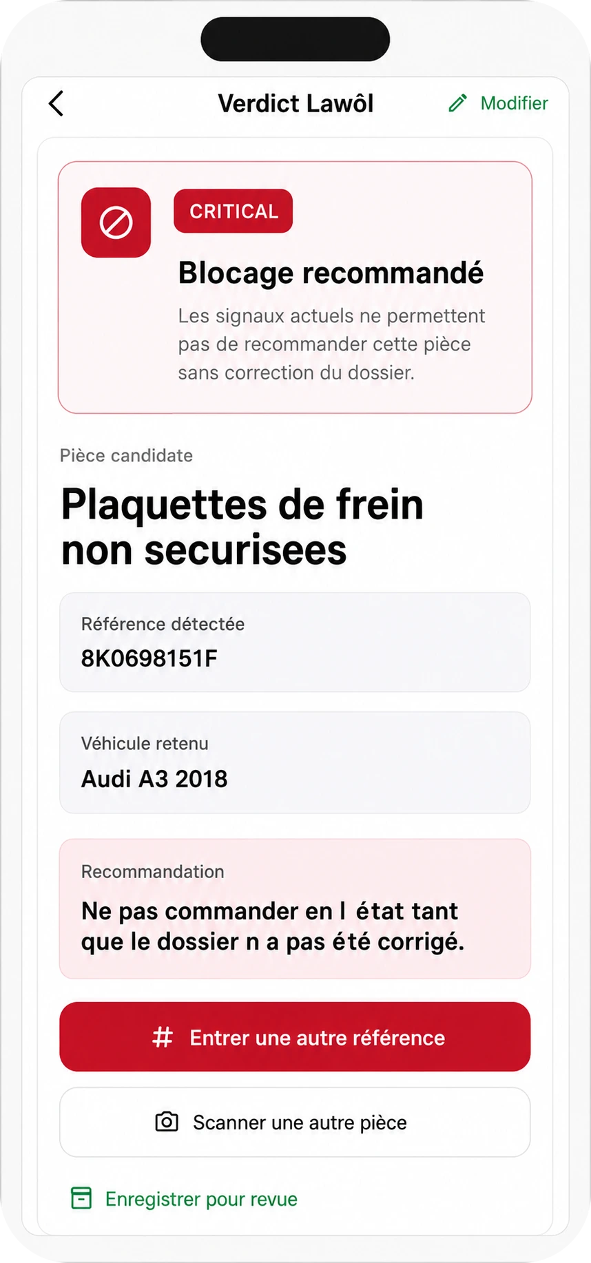 Écran Lawôl du verdict CRITICAL : blocage recommandé tant que le dossier n'est pas corrigé.