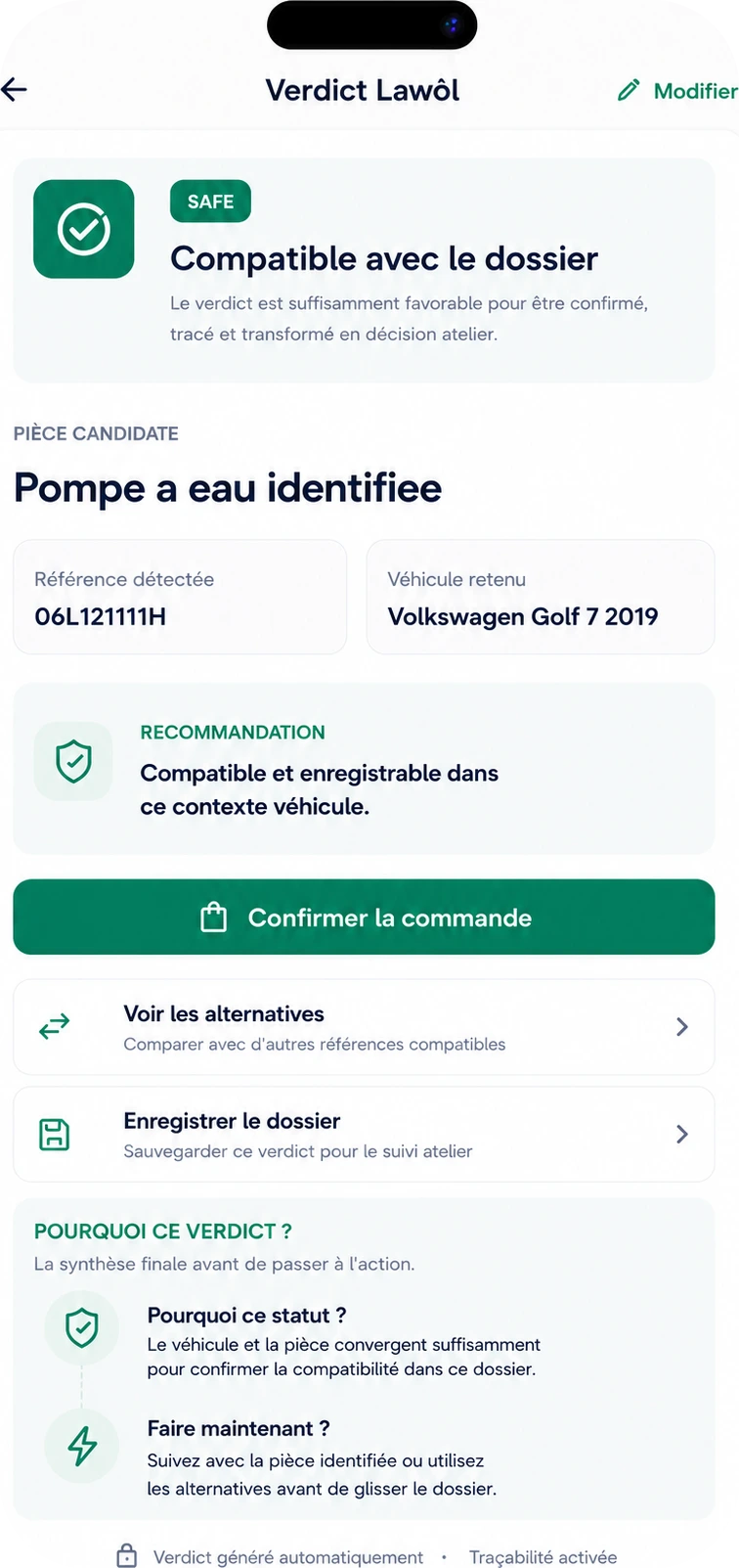 Écran Lawôl du verdict SAFE : pièce compatible avec recommandation et action de poursuite.