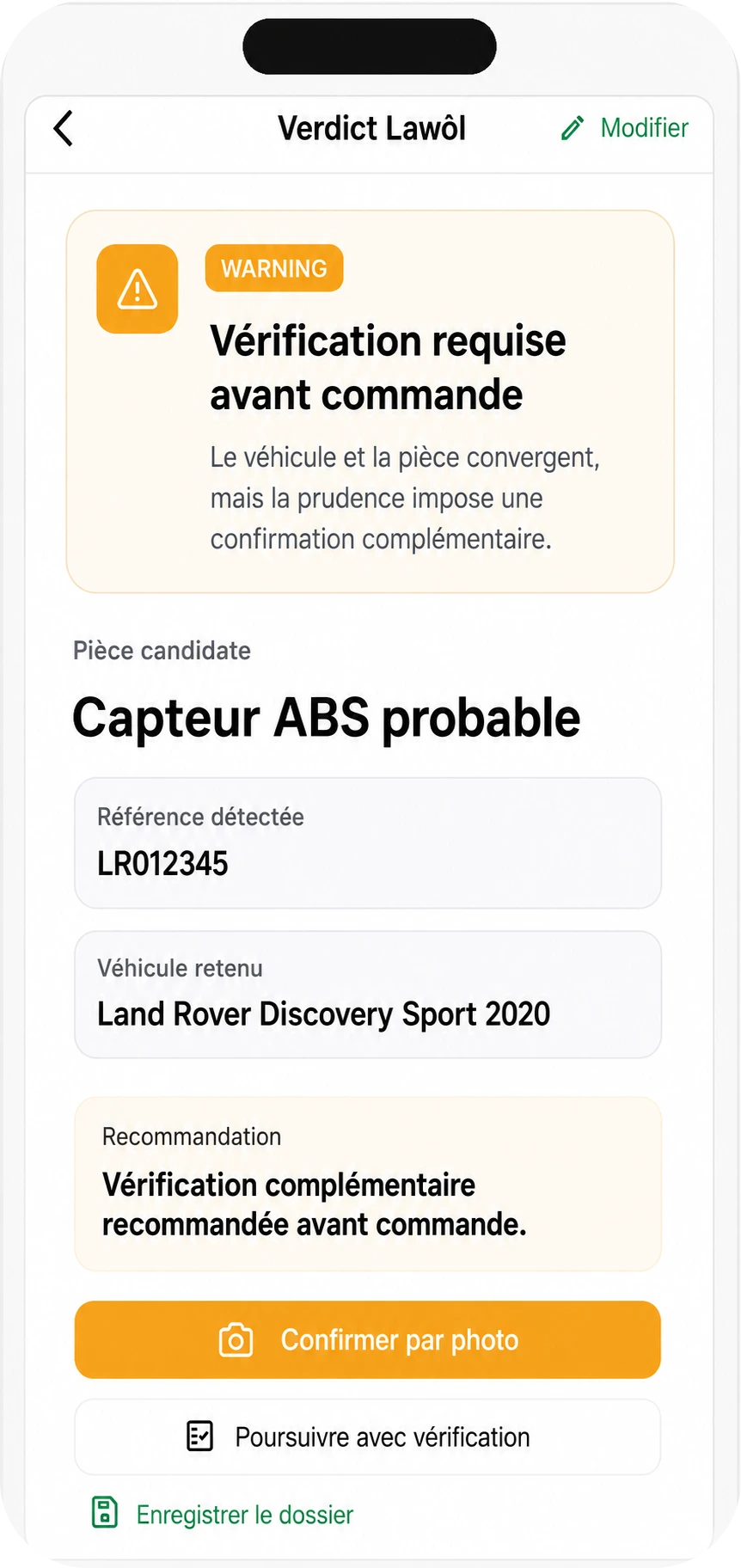 Écran Lawôl du verdict WARNING : vérification requise avant commande.