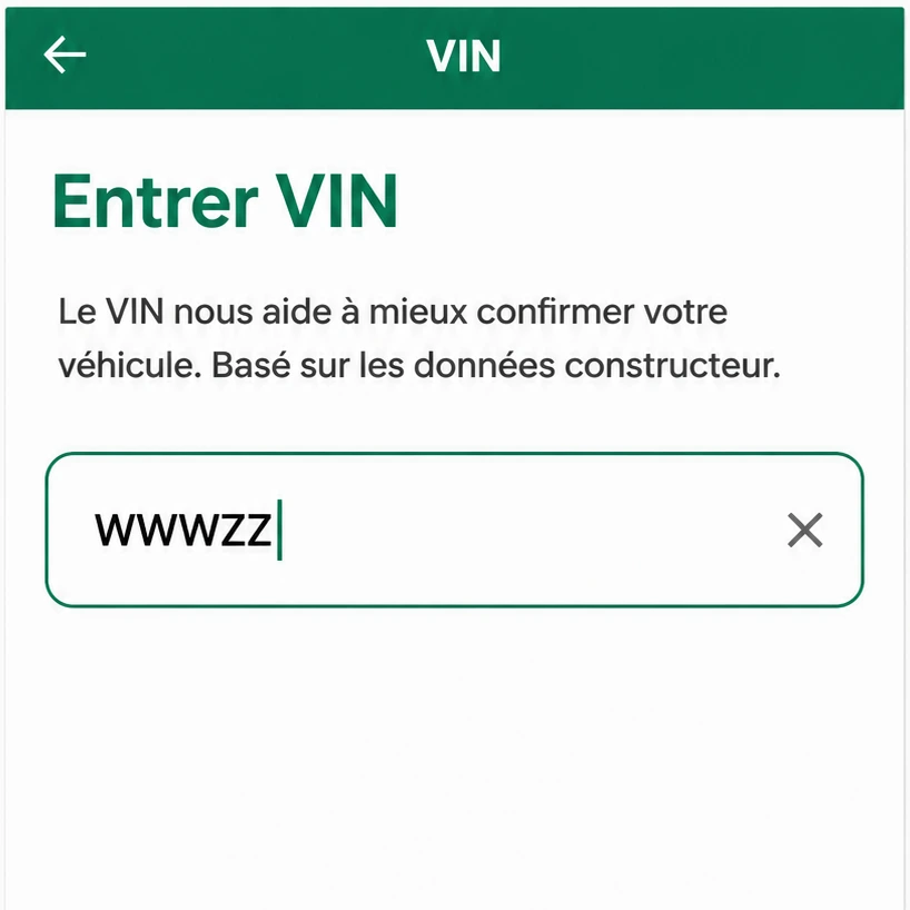 Écran Lawôl de saisie du VIN pour confirmer le véhicule.
