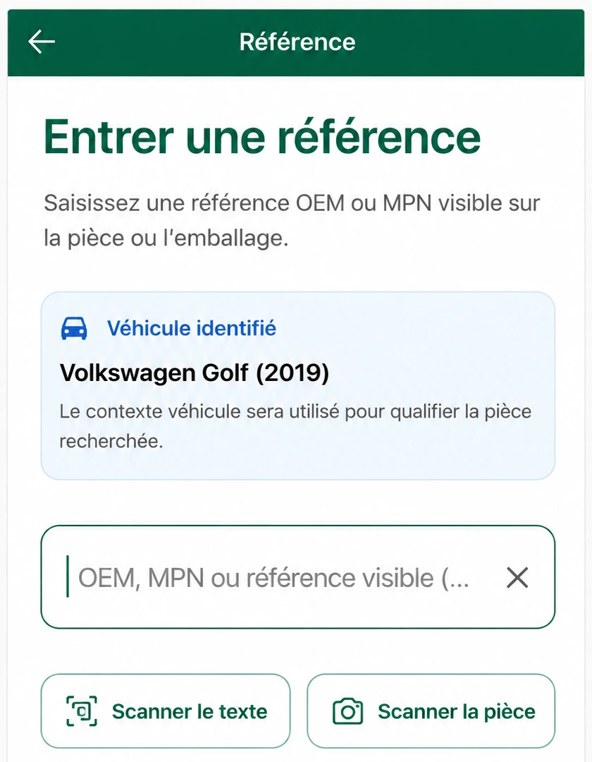 Écran Lawôl de saisie d'une référence OEM avec véhicule identifié.