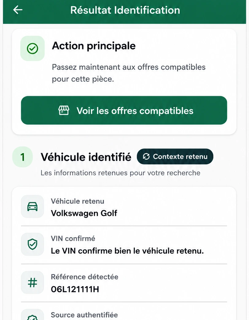 Écran Lawôl de résultat d'identification avec véhicule et référence confirmés.