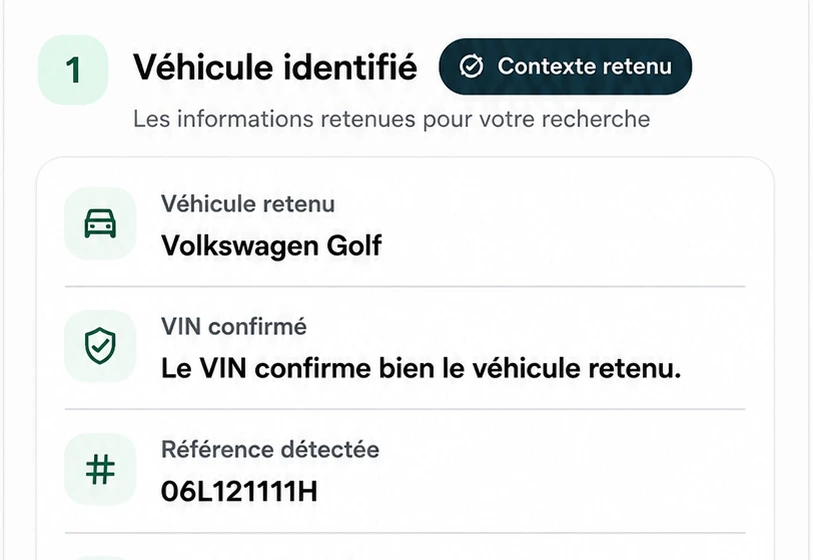 Écran Lawôl : véhicule identifié avec contexte retenu, VIN confirmé et référence détectée.